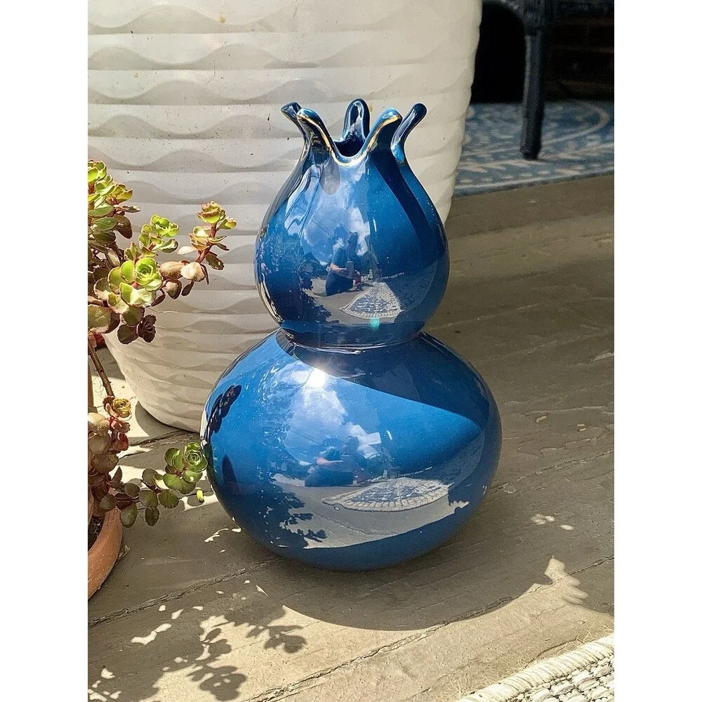 Cobalt Blue Gourd Vase Glossy Pomegranate Ceramic Dark Academia Mood Maximalist